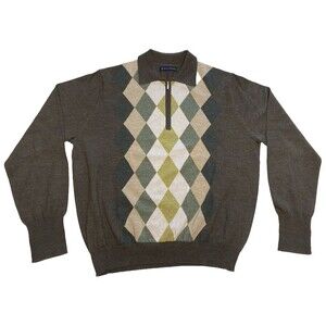 Vintage Henry Jacobson Brown Green Argyle 1/4 Zip Fine Wool Sweater XL Hong Kong